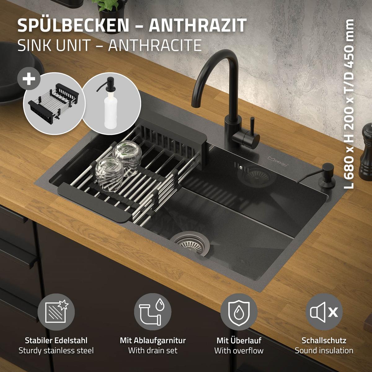 SPÜLBECKEN aus Edelstahl 68x45 cm Anthrazit mit Siphon und Seifenspender - Anthrazit, Metall (45/19/68cm) - ML-DESIGN