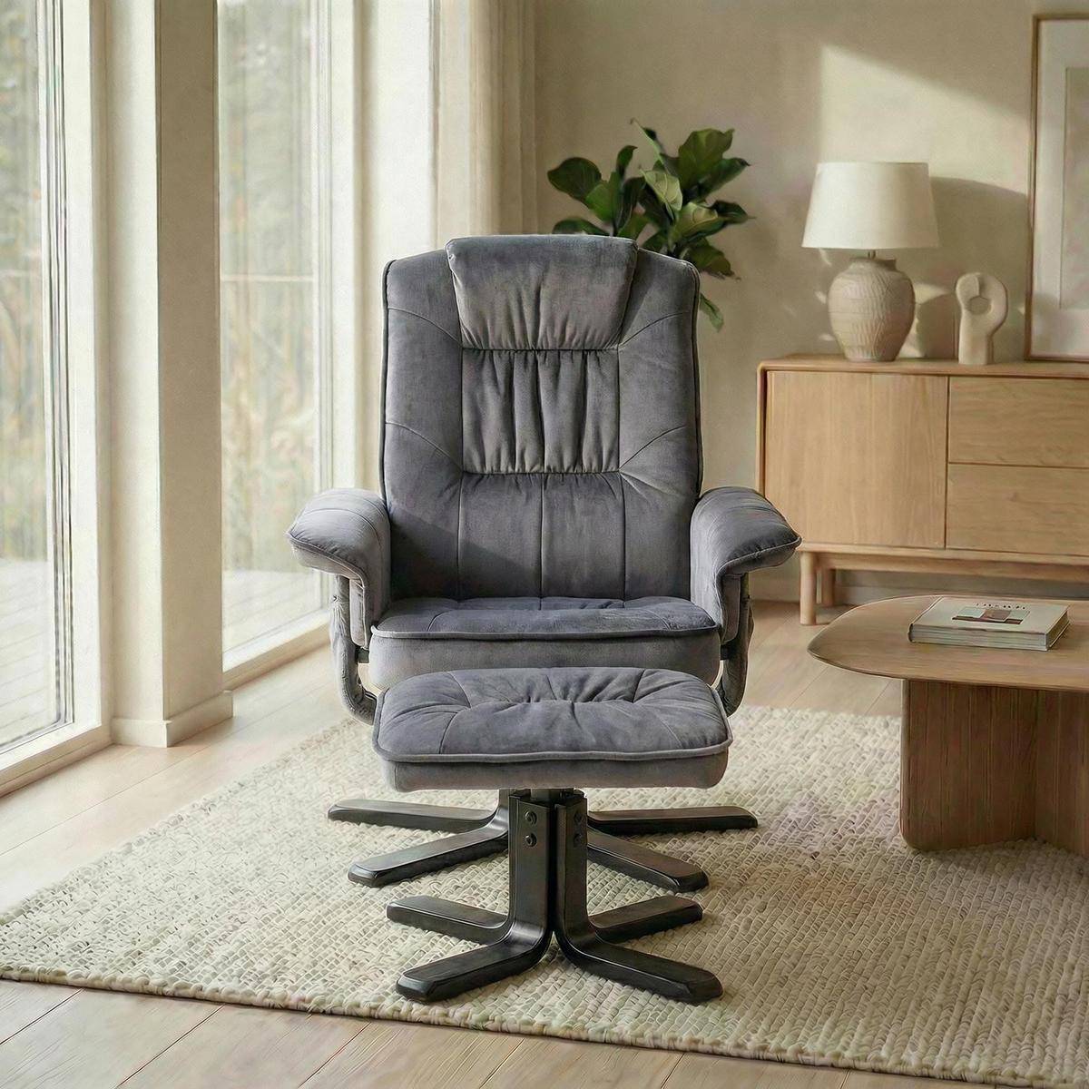 RELAXSESSEL SAMTSTOFF, SET MIT HOCKER CHARLES grau - Grau, Textil (76/87/61cm) - IDIMEX