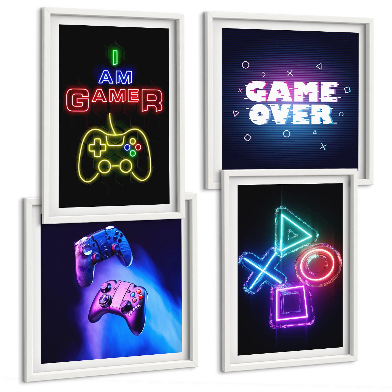 BILDER SET 4er Set - 50x50 cm & 40x60 cm Weißer Rahmen - Gamepads, Spielersymbol-Untertitel - Weiß, Kunststoff (50/50cm) - TULUP