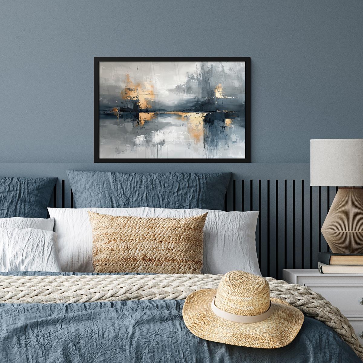 POSTER MIT RAHMENGERAHMTES BILD Kunst - Grau - Gold - Abstrakt 60x40 cm - Dunkelgrau, Papier (60/40cm) - MuchoWow