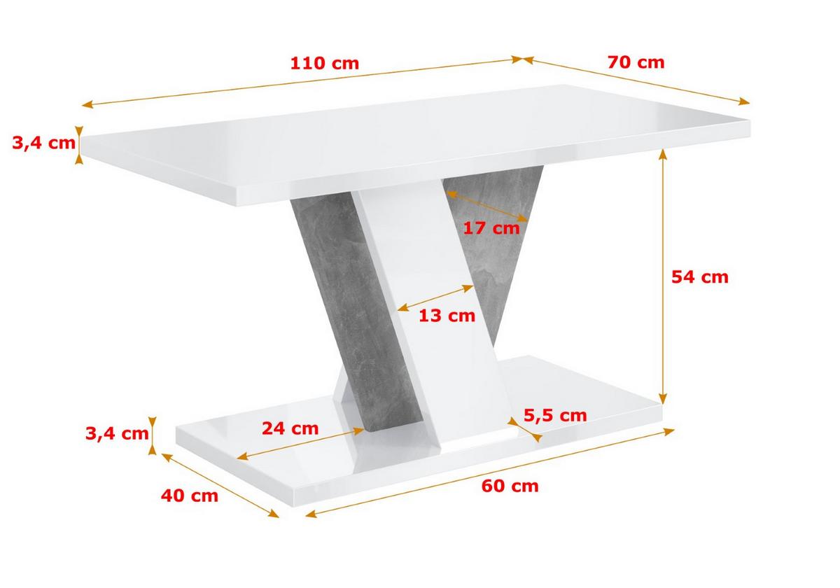 KAFFEETISCH 110x70x60 cm - Hochglanz Weiß / Betonoptik - INEY - Weiß Hochglanz, Holzwerkstoff (110/70/60cm) - ALTDECOR
