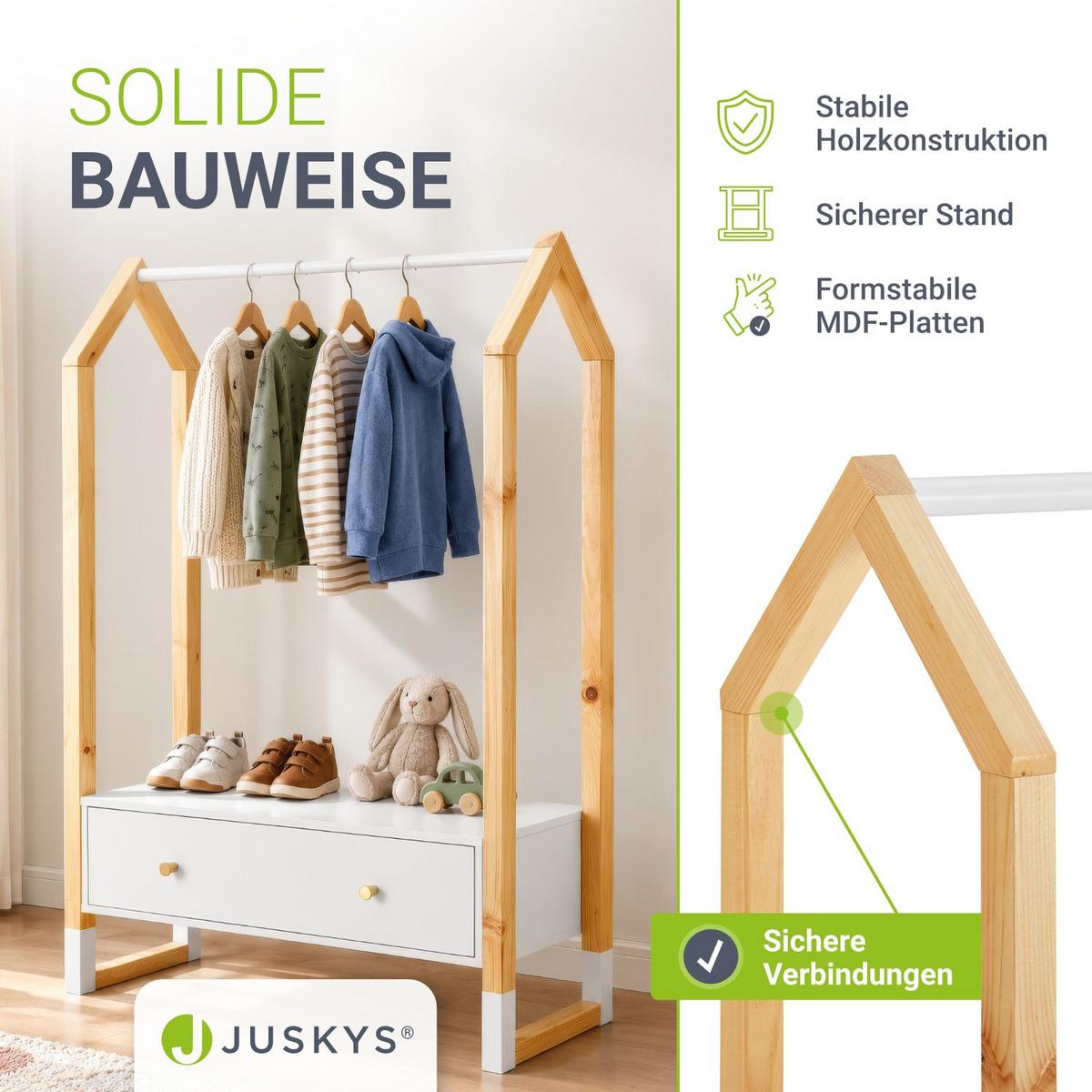 KLEIDERSTÄNDER Filla mit großer Schublade - Weiß, Holz (30/30/80cm) - Juskys