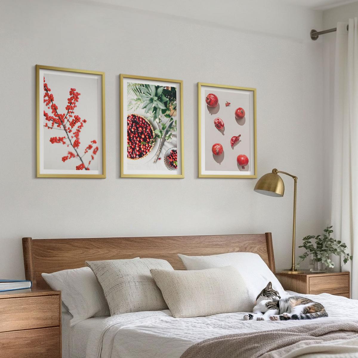 BILDER SET 3er Set - 40x60 cm Goldrahmen - Minimalismus der roten Früchte von Pflanzen - Goldfarben, Kunststoff (40/60cm) - TULUP