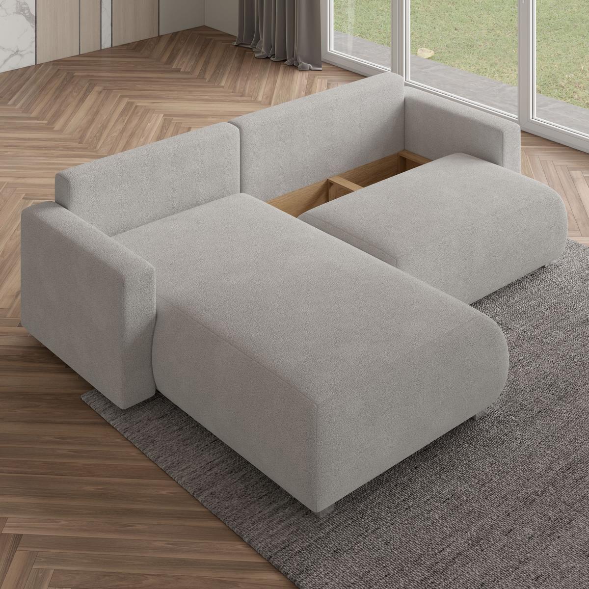 ECKSOFA TURIN N Blau Bucle-Stoff mit Schlaffunktion - Blau/Grau, Holz/Kunststoff (265/183cm) - MASSENO
