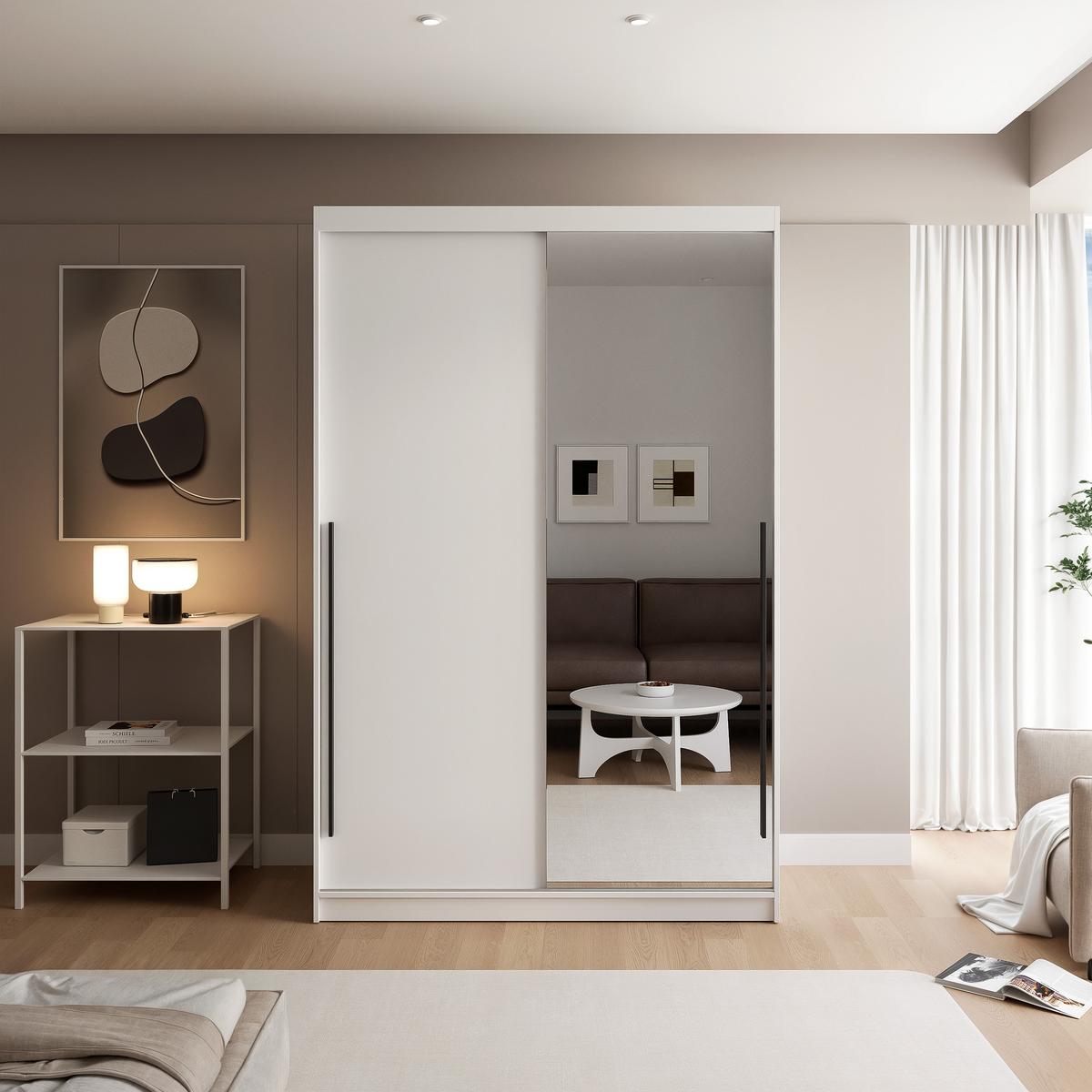 SCHIEBETÜRENSCHRANK SILENTE 140 cm mit Einlegeböden und Kleiderstange - Weiß, Holzwerkstoff (140/215/60cm) - Idohome