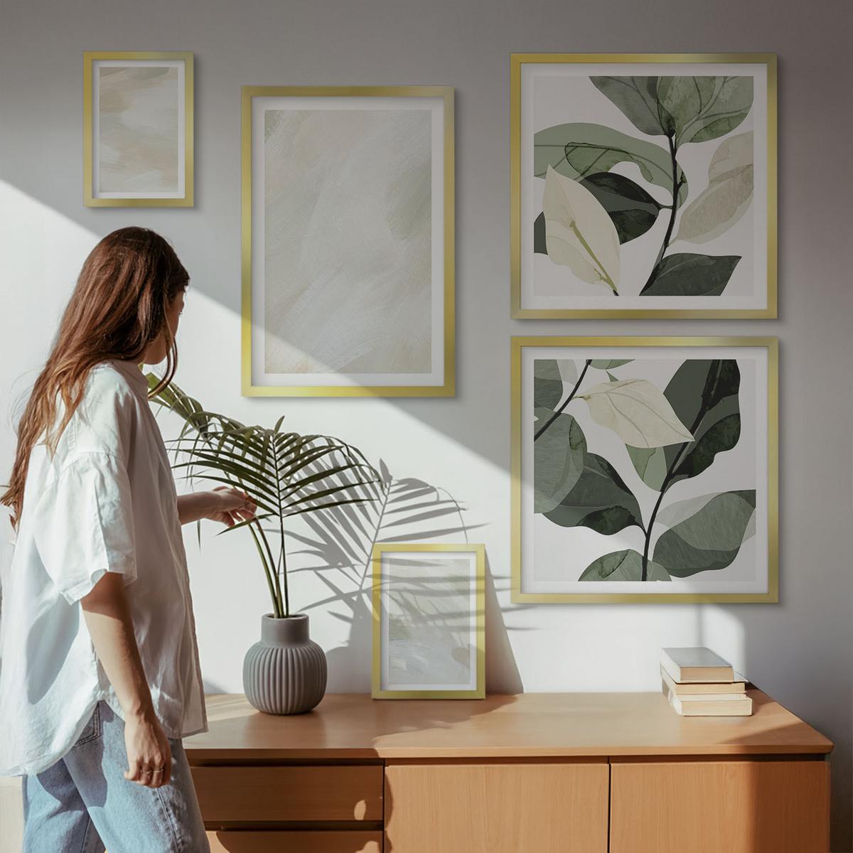 BILDER SET 5er Set - 50x50 cm & 20x30 cm & 40x60 cm Goldrahmen - Leuchtende, abstrakte Boho-Farben - Goldfarben, Kunststoff (40/60cm) - TULUP