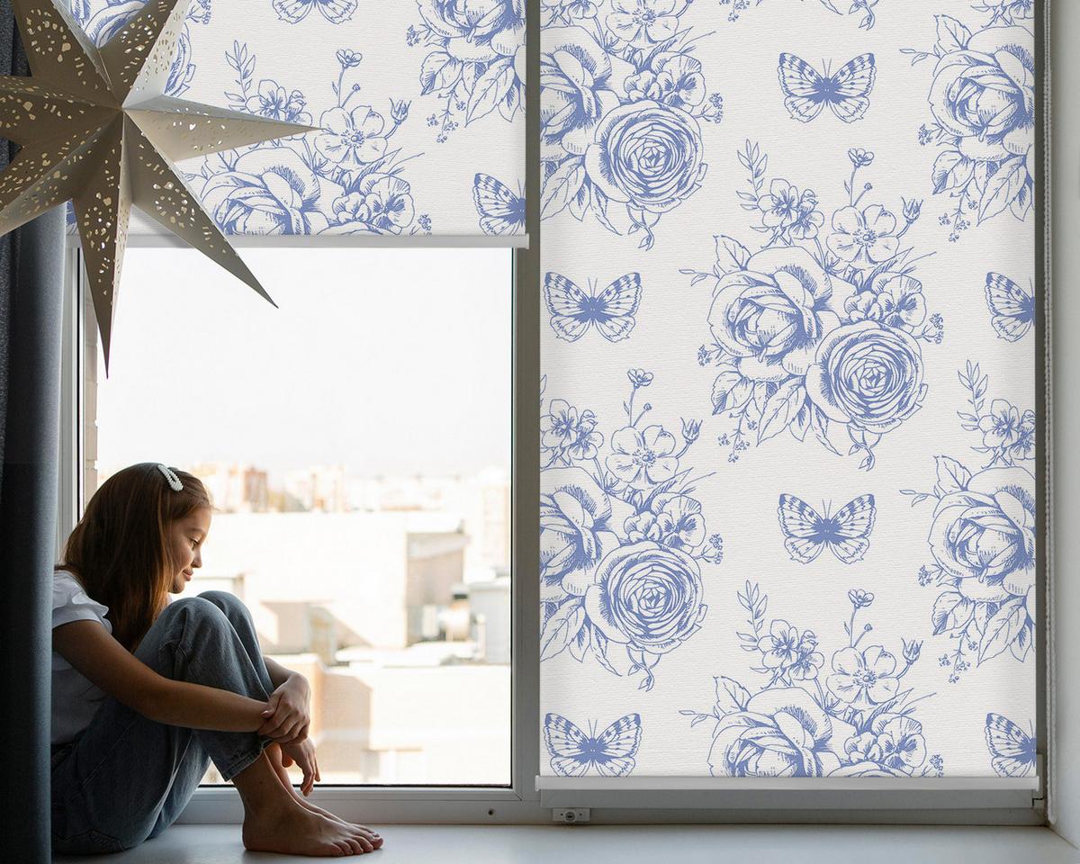 INNENROLLO - Fensterrollo - Rollo - 140x140 cm - Blaue Blumen und Schmetterlinge - Blau, Kunststoff (140/140/0.5cm) - TULUP