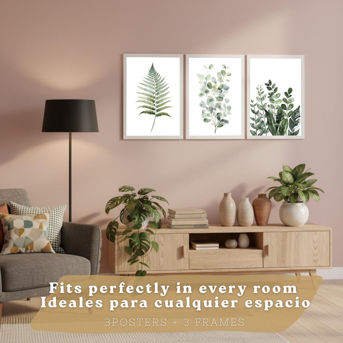 POSTER 3er Bilder-Set Wandbilder Botanisch Grün modern Wohnzimmer Deko, Schlafzimmer, Küche, Badezimmer Weißer Rahmen A3 - Weiß, Papier (29.7/1/42cm) - Nacnic