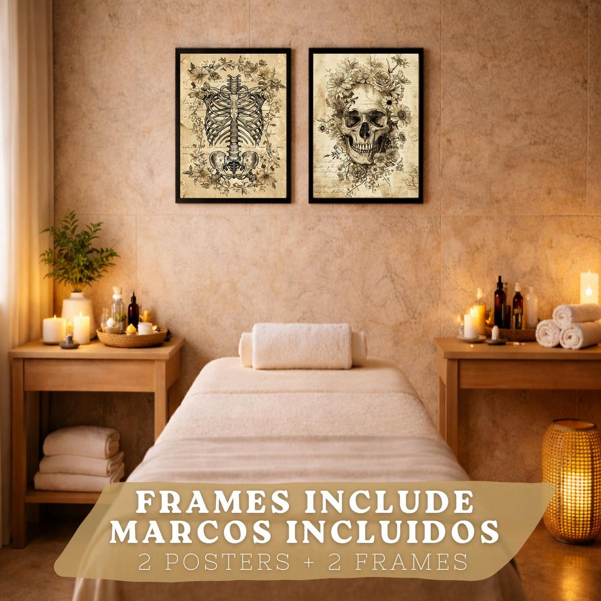 POSTER Set aus 2 Anatomie Mensch Drucke und Wandbilder mit Schädel Wirbelsäule Rippen Becken Klassisches Vintage Design Größe Schwarzer Rahmen A3 - Schwarz, Papier (29.7/42/3cm) - Nacnic