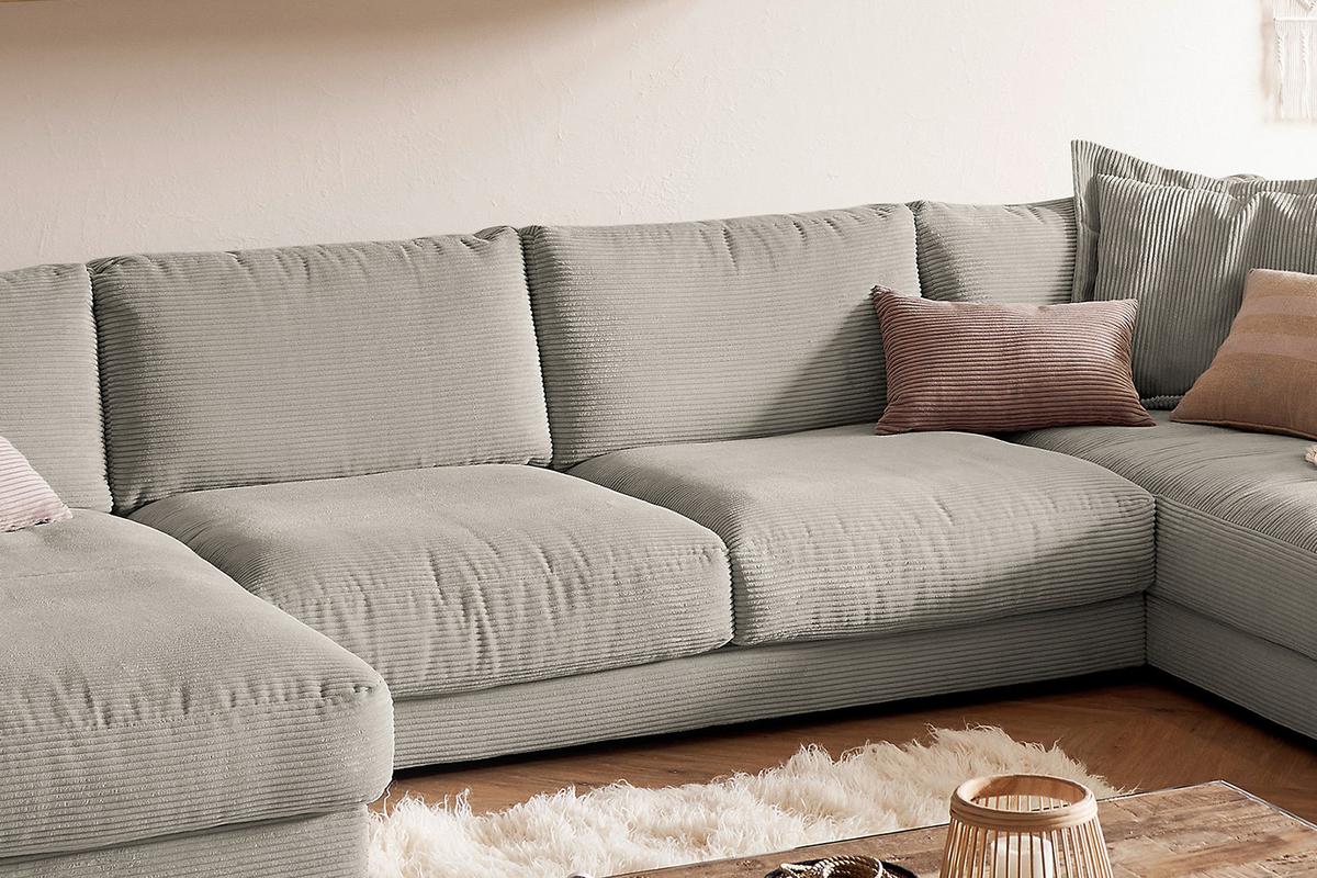 WOHNLANDSCHAFT MADELINE Granit Cord - Greige/Schwarz, Kunststoff/Textil (425/86/224cm) - KAWOLA