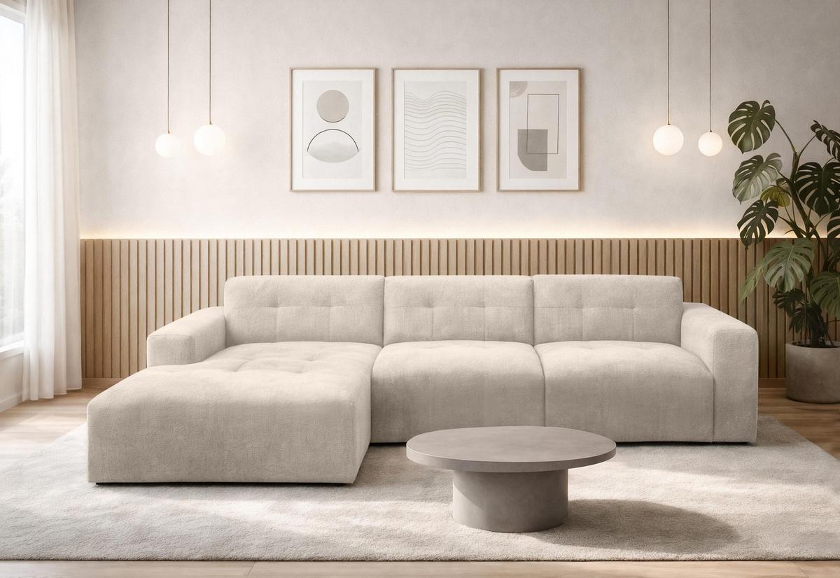 ECKSOFA L Form Corlu Creme 310/165/78 cm – stilvolle kleine Eckcouch Links - Creme/Schwarz, Kunststoff/Textil (310/165cm) - AX Living