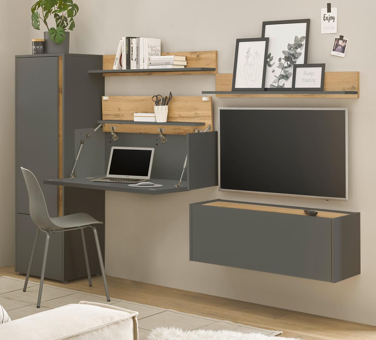 WOHNWAND grau matt, Eiche Wotan 5-teilig 250 cm, Wohnkombination mit Sekretär - Grau, Holzwerkstoff/Kunststoff (250/158/40cm) - Furn.Design