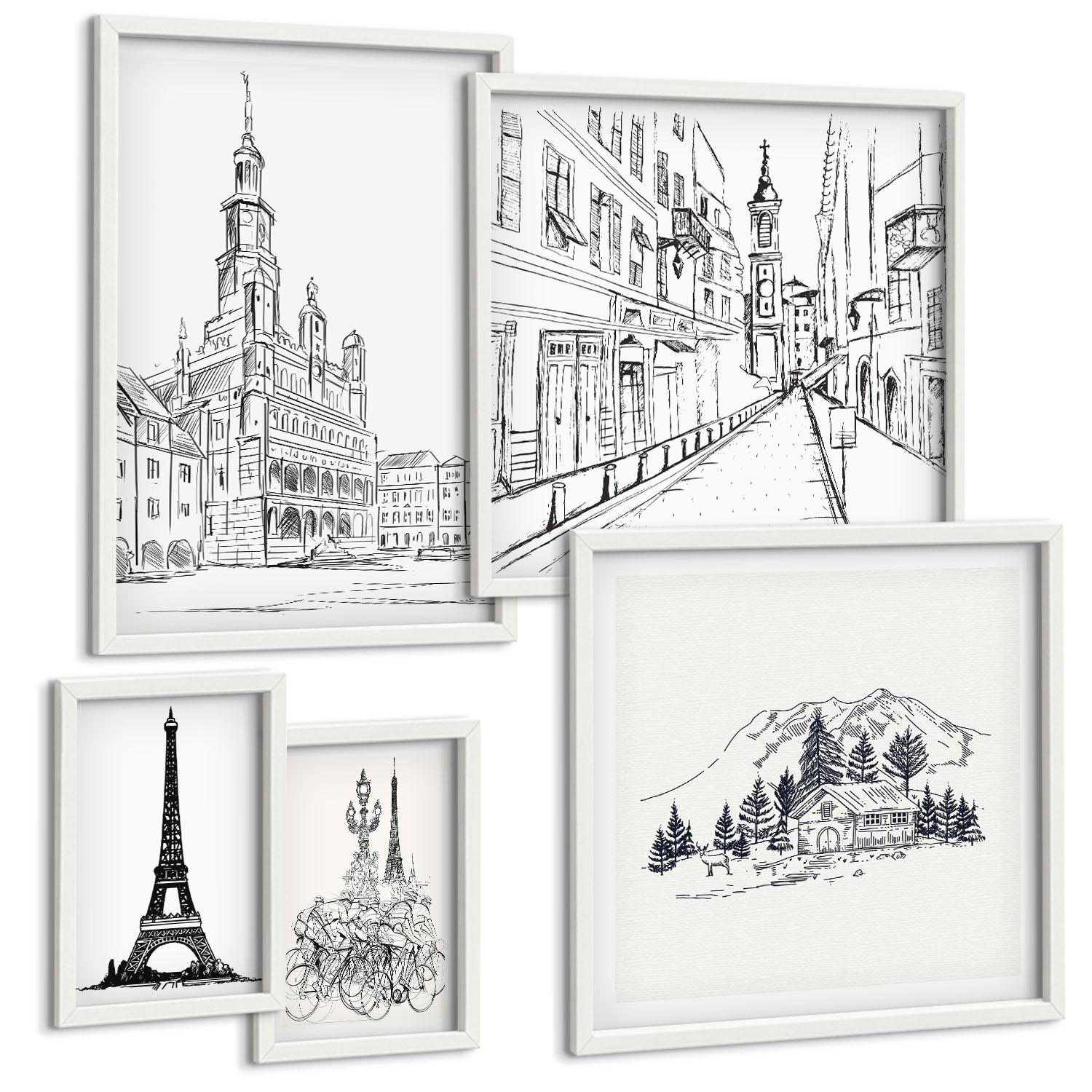 BILDER SET 5er Set - 50x50 cm & 20x30 cm & 40x60 cm Weißer Rahmen - Abstrakte Gemäldekompositionen - Weiß, Kunststoff (40/60cm) - TULUP