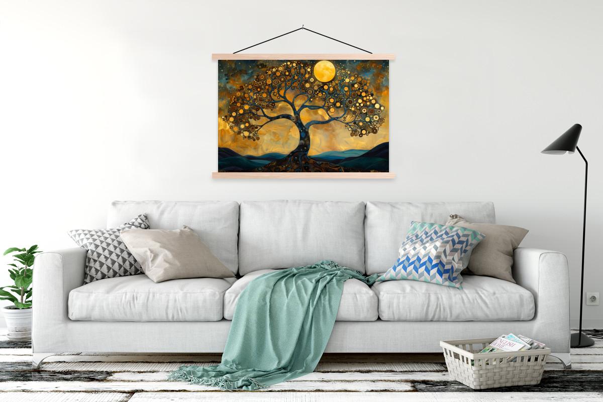POSTER MIT MAGNETLEISTEN Baum - Mond - Blumen - Gold - Kunst Magnetleiste 120x80 cm - Orange, Textil (120/80/0.15cm) - MuchoWow