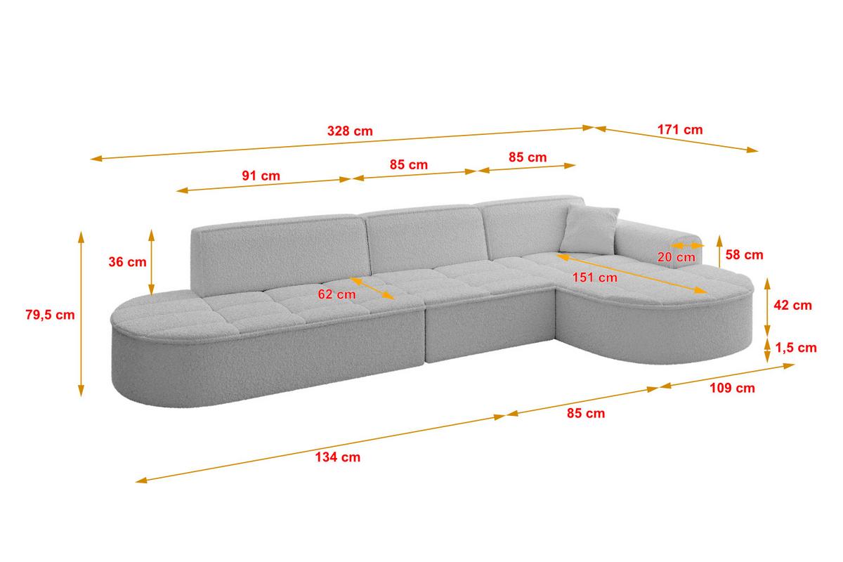ECKSOFA Ottomane Rechts TARO-L2 - 328x171x79,5 cm Hellgrau - Hellgrau, Holzwerkstoff/Textil (328/171cm) - ALTDECOR