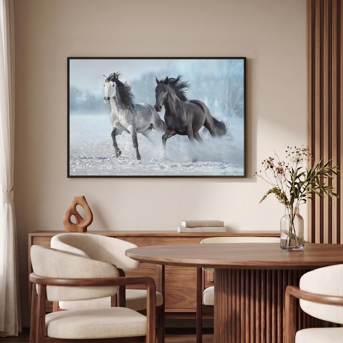 LEINWAND Bilder mit Rahmen - Pferde - Winter - Tiere - Natur - Schnee - 90x60 - Anthrazit, Textil (90/60cm) - MuchoWow