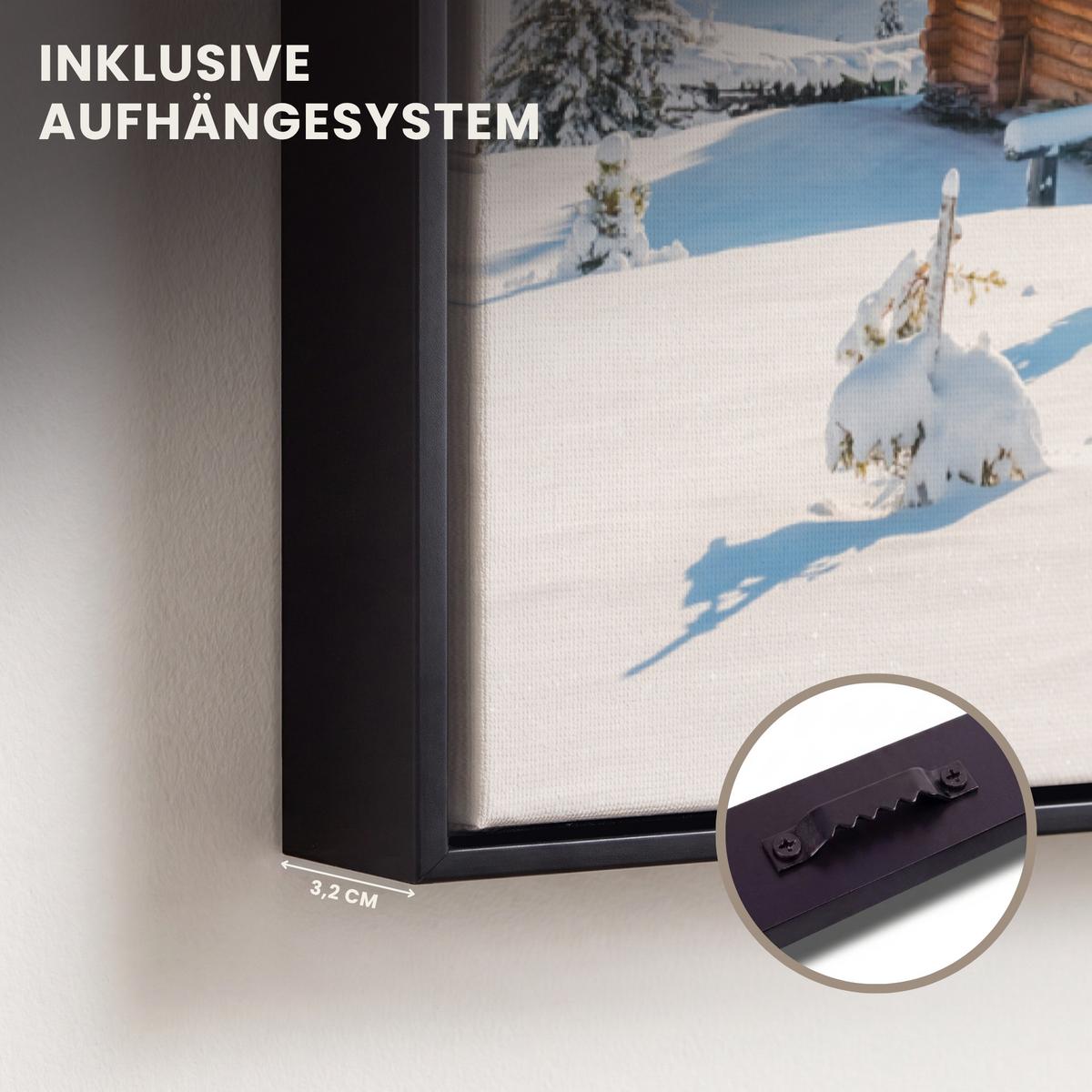 LEINWAND Bilder mit Rahmen - Winter - Hütte - Berge - Aussicht - Schnee - 60x90 - Eichefarben, Textil (60/90cm) - MuchoWow