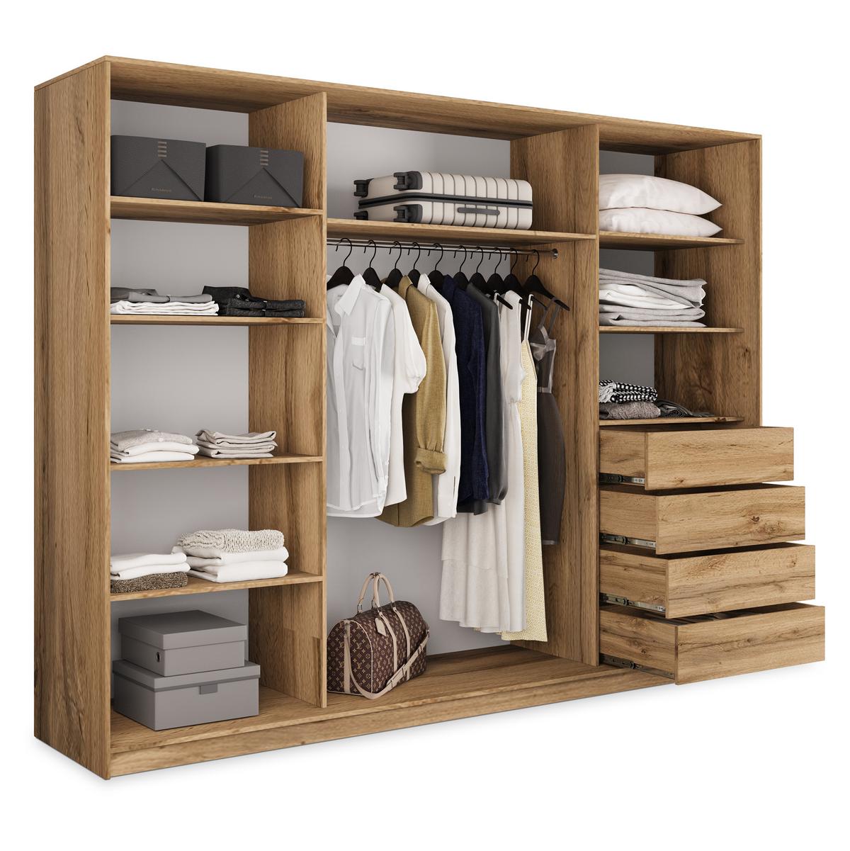 SCHWEBETÜRENSCHRANK SORE 235/205/58 cm 3-türig mit Spiegel und Schubladen Schwarz / Eiche Wotan - Eiche Wotan/Silberfarben, Holzwerkstoff (235/205/58cm) - MASSENO