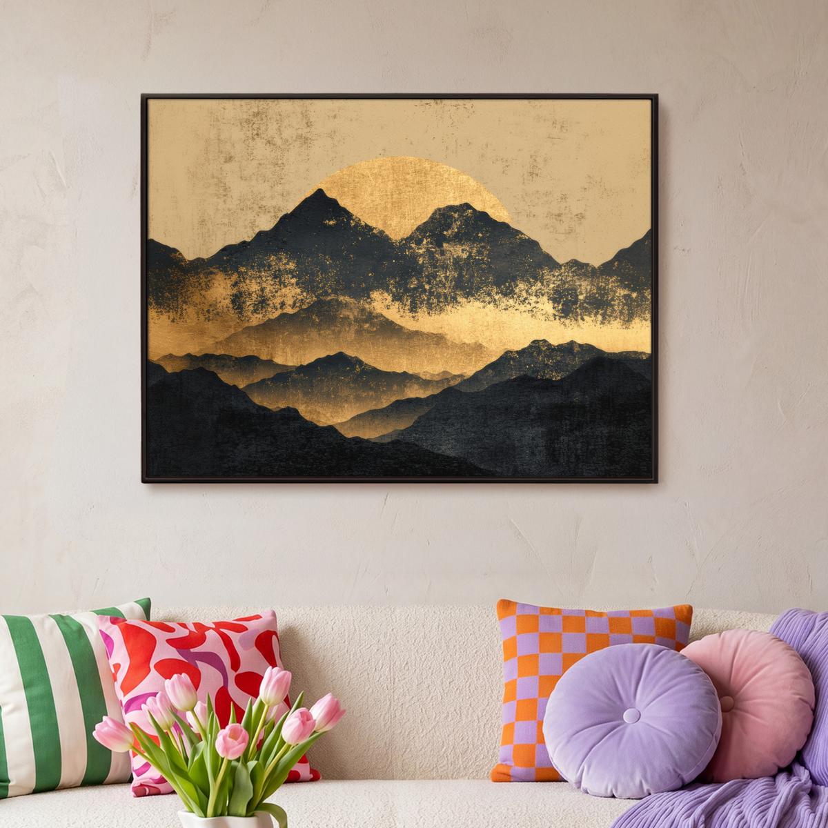 LEINWAND Bilder mit Rahmen - Goldene Berge bei Mondschein - 100x70 - Goldfarben, Textil (100/70cm) - MuchoWow