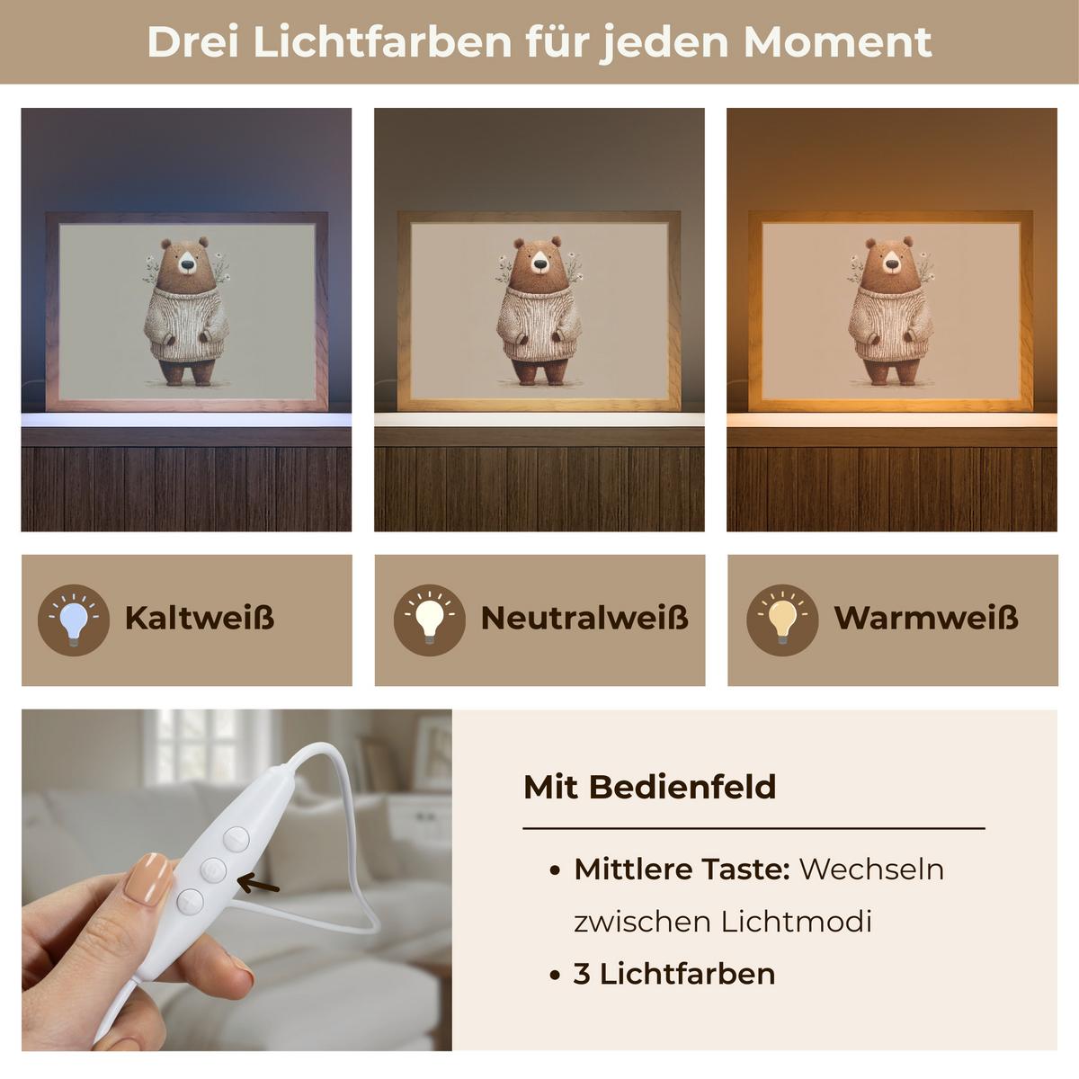 WANDLEUCHTE Bär - Weiße Blumen - Gemütlich 30x20 cm - Taupe, Holzwerkstoff (30/20/8cm) - OnlyWow