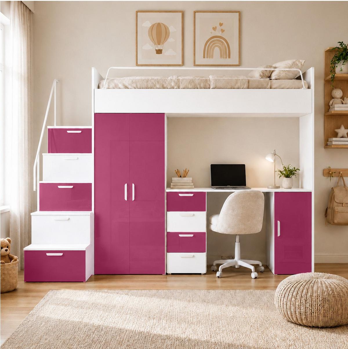 WEISSES Kinderset RAJ 4, Hochglanz - Weiß/Rosa, Holzwerkstoff (254/180/55cm) - Lookway