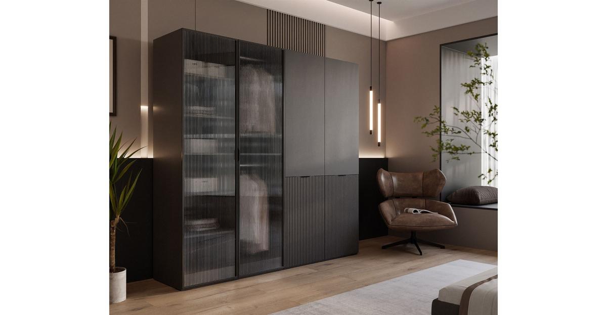KLEIDERSCHRANK SANDBOX MODERN 200 202/49/200 cm Graphitschwarz / Graphitschwarz + Riffelglas ohne LED 8 Zusatzböden - Transparent/Schwarz, Holzwerkstoff/Kunststoff (202/200/49cm) - Lookway