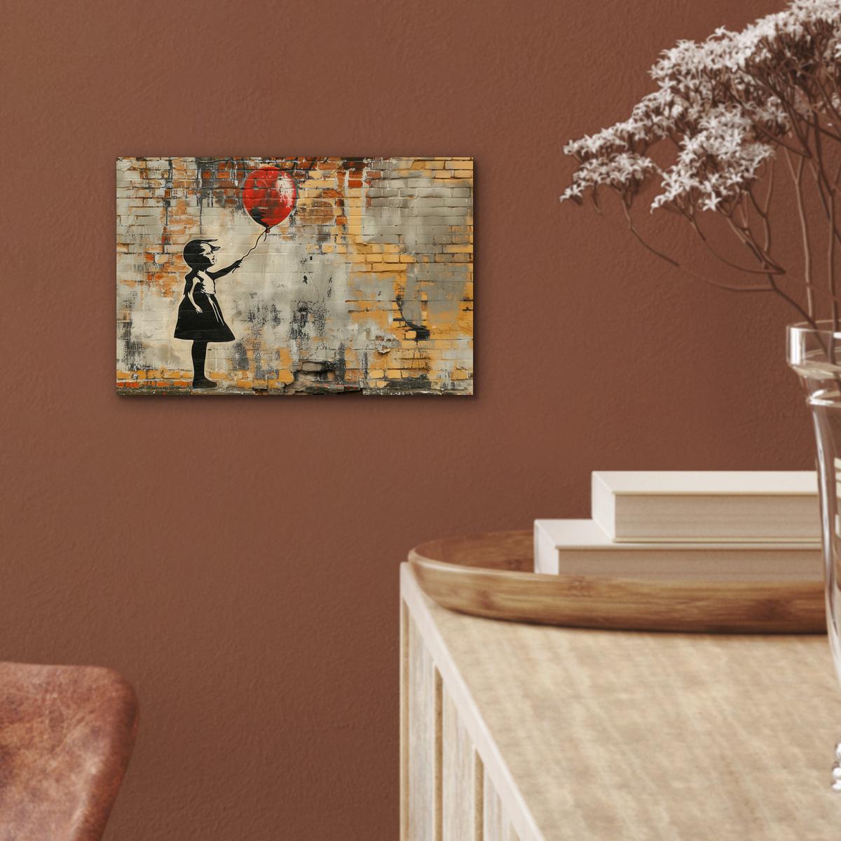 METALLBILD Graffiti - Banksy - Mädchen - Straßenkunst 30x20 cm - Sandfarben, Metall (30/20cm) - MuchoWow