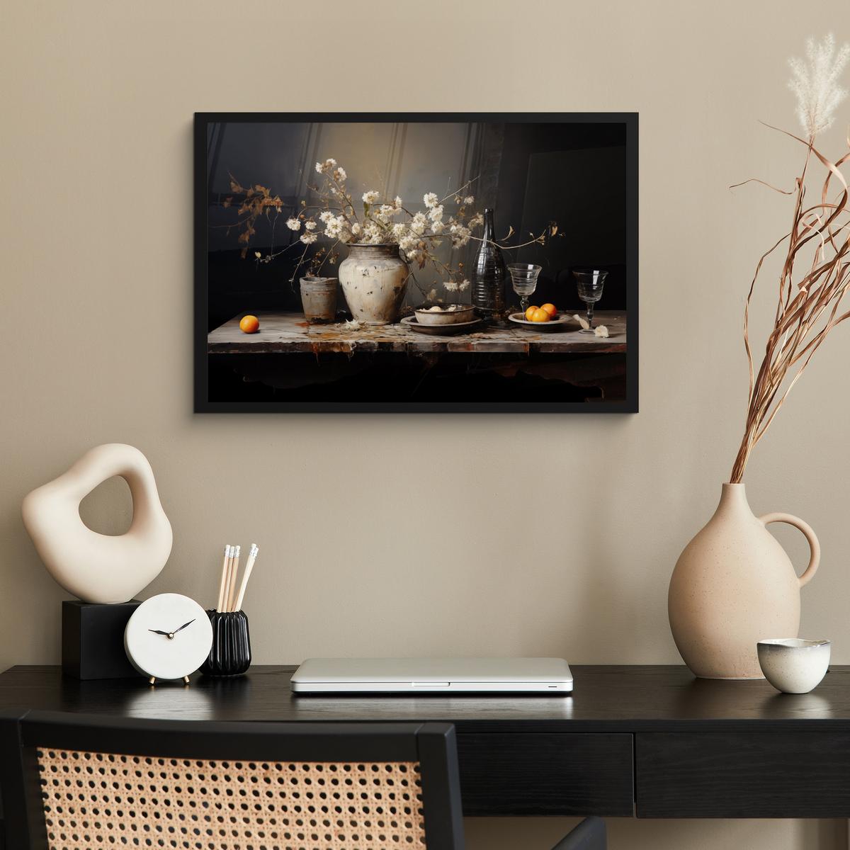 POSTER MIT RAHMENGERAHMTES BILD Stilleben - Blumen - Blumenstrauß - Vase - Wein 60x40 cm - Schwarz, Papier (60/40cm) - MuchoWow