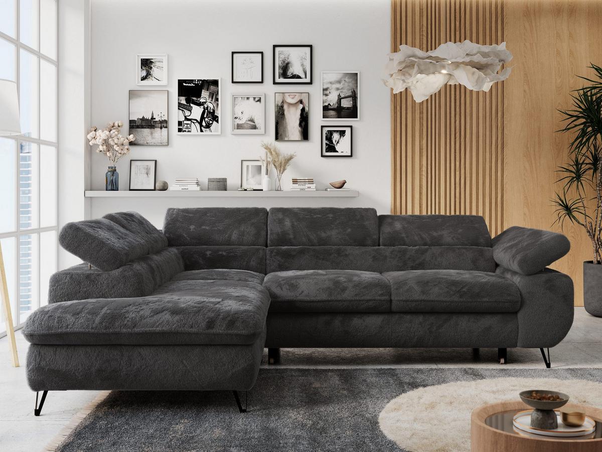 ECKSOFA PETER L Anthrazit Plüsch - Links Seite - Anthrazit/Schwarz, Textil/Metall (208/273cm) - MKS