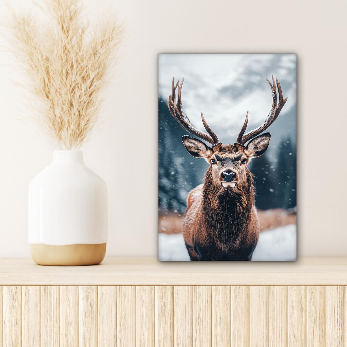 LEINWANDBILD Hirsche - Tiere - Landschaft - Winter - Schnee Deko Wohnzimmer 20x30 cm - Kastanienfarben, Textil (20/30cm) - MuchoWow