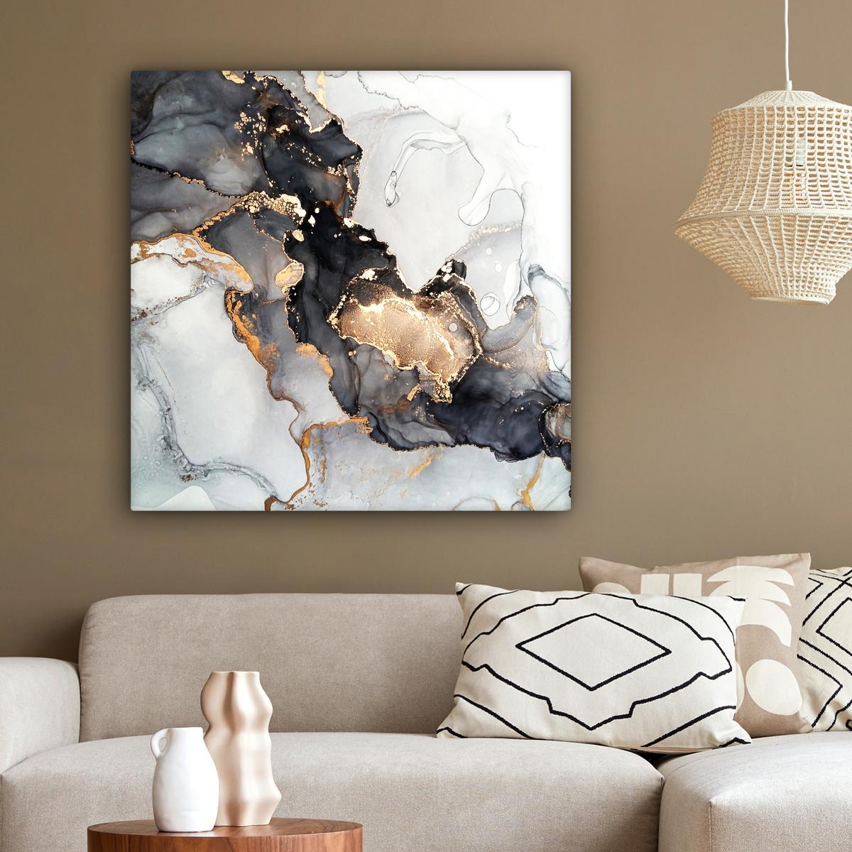 LEINWANDBILD Marmor - Schwarz - Weiß - Gold - Luxus - Abstrakt Deko Groß 90x90 cm - Goldfarben, Textil (90/90cm) - MuchoWow