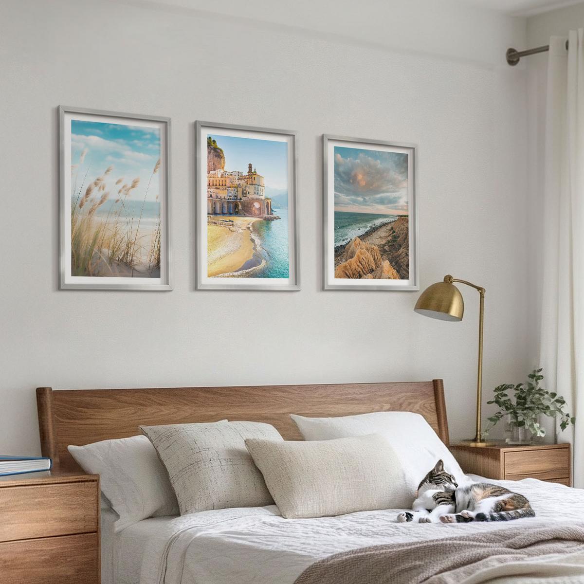 BILDER SET 3er Set - 40x60 cm Silberner Rahmen - Landschaften Strand Klippen Stadt - Silberfarben, Kunststoff (40/60cm) - TULUP