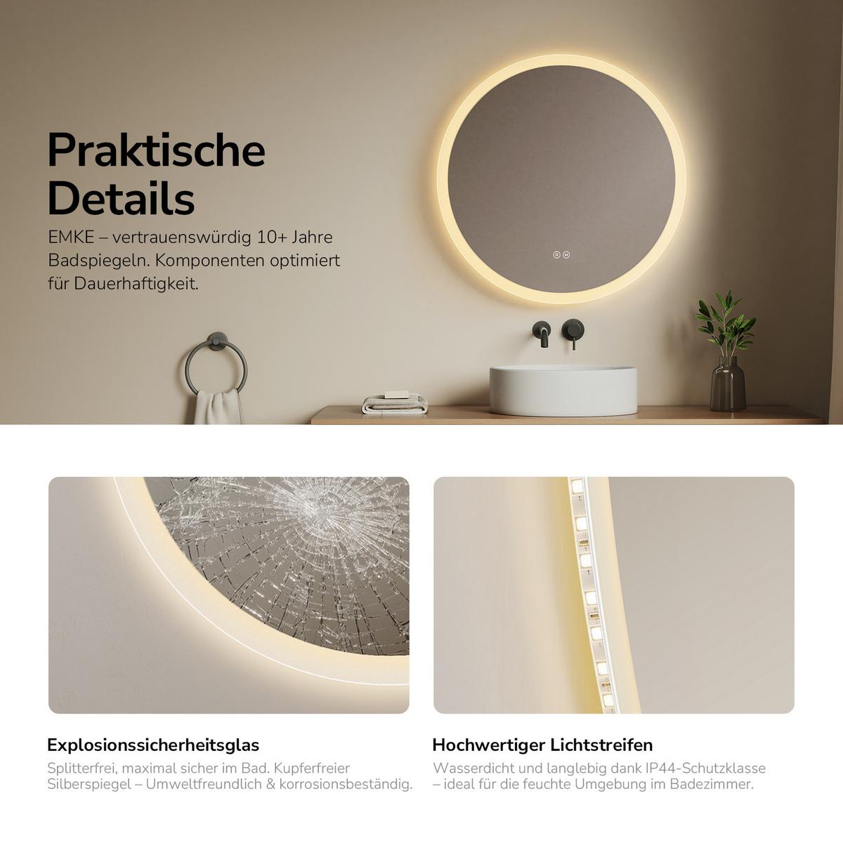 BADSPIEGEL Rund mit LED-Beleuchtung Ø 70 cm, 3 Lichtfarben, beschlagfrei - Transparent, Glas (70/70/3.5cm) - EMKE