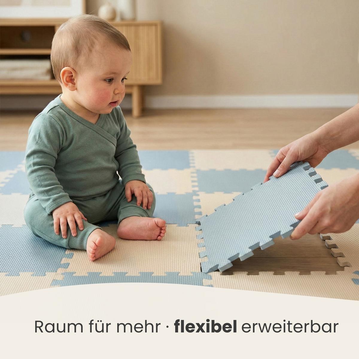 SPIELMATTE mit Rand - 180/90/1 cm Puzzlematte Blau Beige - Grau, Kunststoff (30/30cm) - Littletom