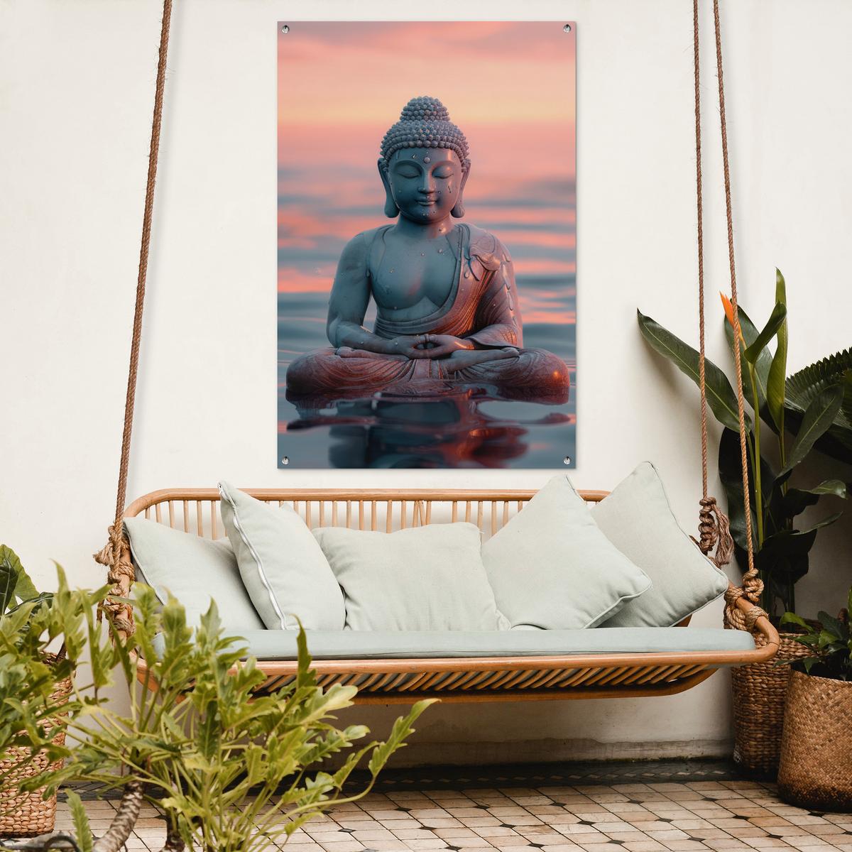 GARTENPOSTER Buddha - Statue - Buddha - Wasser - Kunst - Buddha Outdoor Bilder 80x120 cm - Blaugrau, Kunststoff (80/120/0.2cm) - OnlyWow