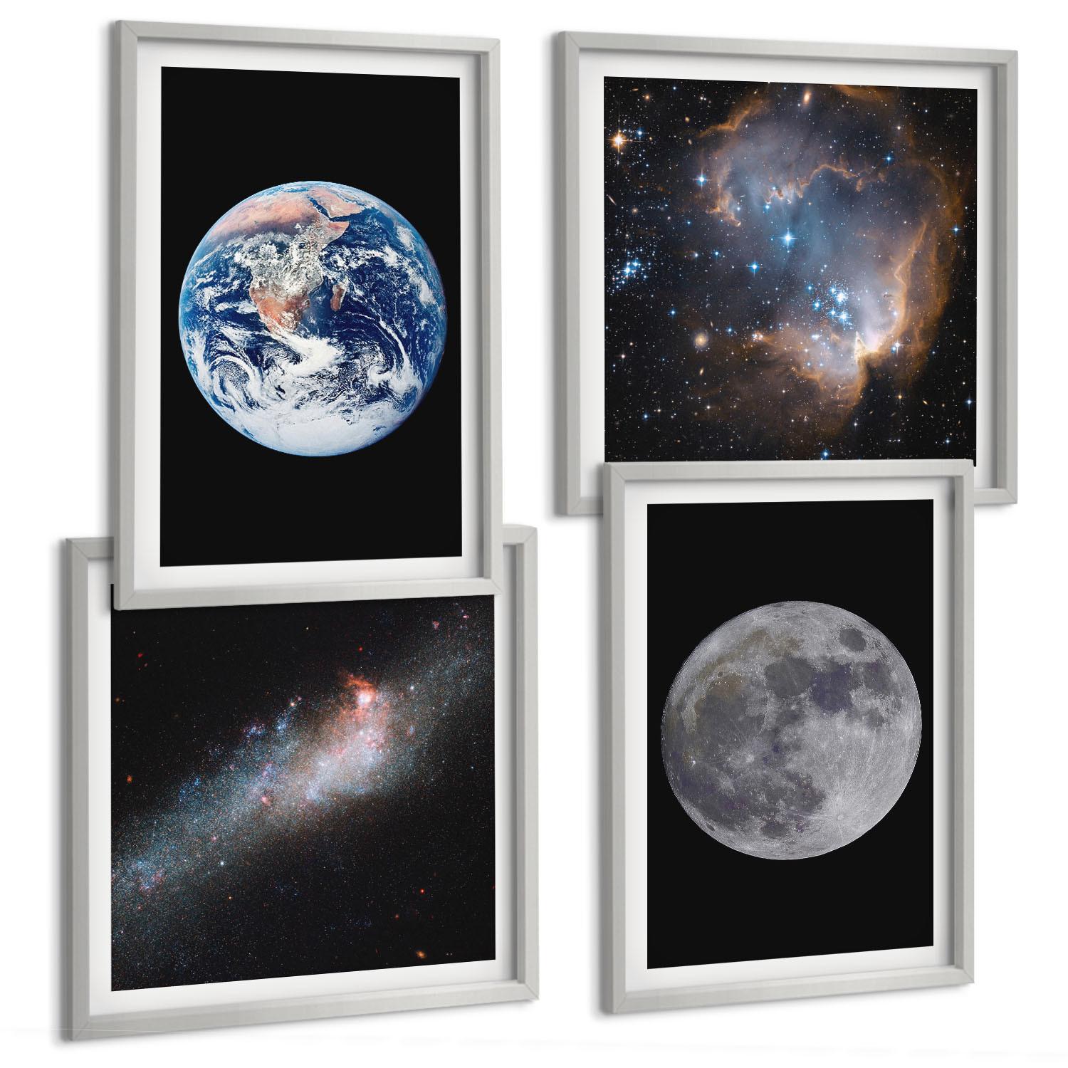 BILDER SET 4er Set - 50x50 cm & 40x60 cm Silberner Rahmen - Galaxie Weltraum Mond - Silberfarben, Kunststoff (50/50cm) - TULUP