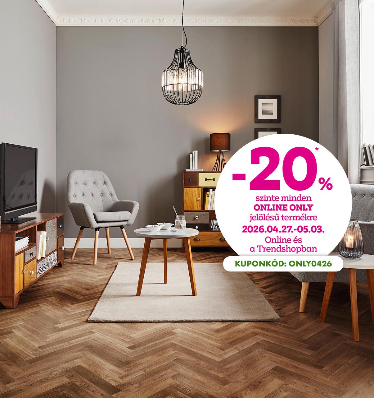 -20% szinte minden online only jelölésű termékre 2026.04.27-05.03. között online és a Trendshopban! Online vásárlásnál használd az ONLY0426 kuponkódot a kedvezményhez!