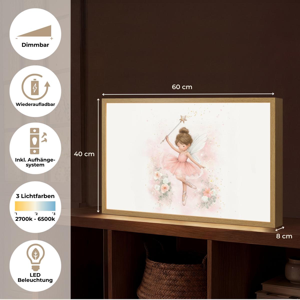 WANDLEUCHTE MIT AKKU Ballerina - Fee - Blumen - Rosa 60x40 cm - Rosa, Holzwerkstoff (60/40/8cm) - OnlyWow