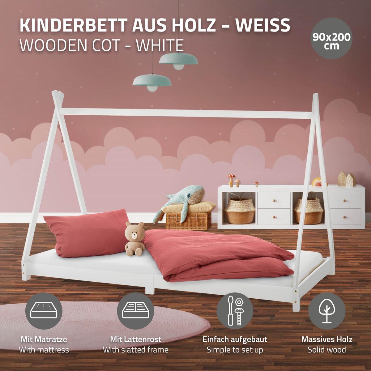 KINDERBETT Tipi mit Matratze 90x200 cm Weiß - Weiß, Holz (90/200cm) - ML-DESIGN