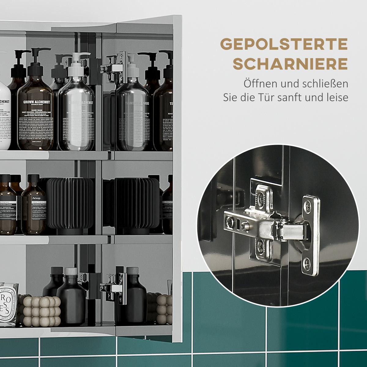 SPIEGELSCHRANK mit 5 Ablagen, 3 Glastüren, Edelstahl, 70 x 12 x 55 cm, Silber - Silberfarben, Glas (70/55/12cm) - Kleankin