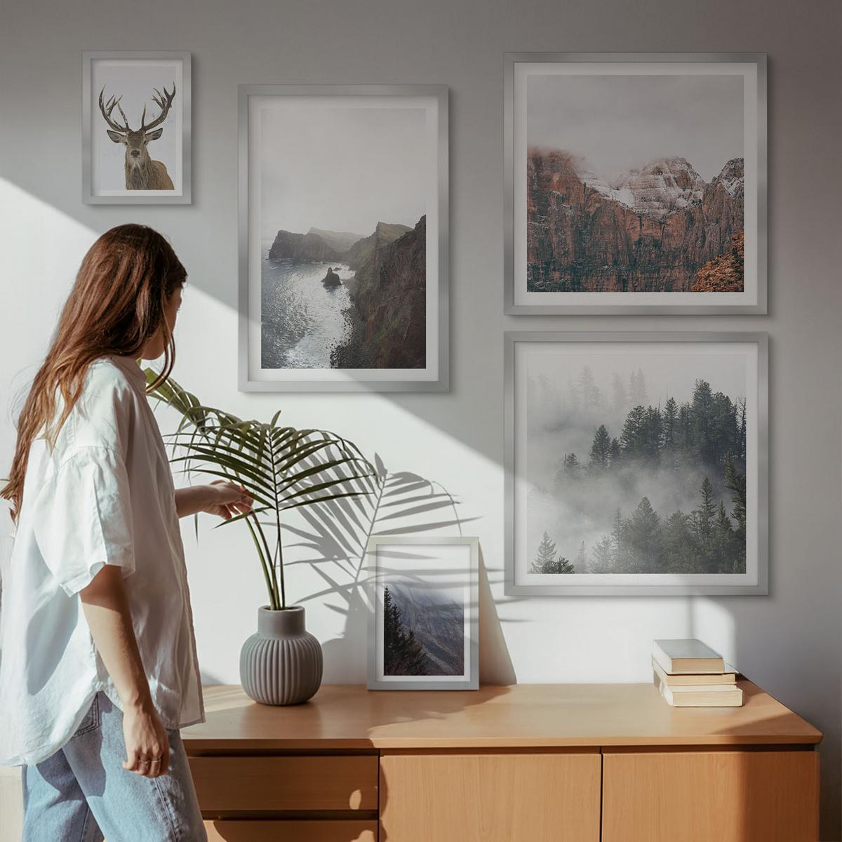 BILDER SET 5er Set - 50x50 cm & 20x30 cm & 40x60 cm Silberner Rahmen - Berglandschaft Nebel Hirsch - Silberfarben, Kunststoff (40/60cm) - TULUP