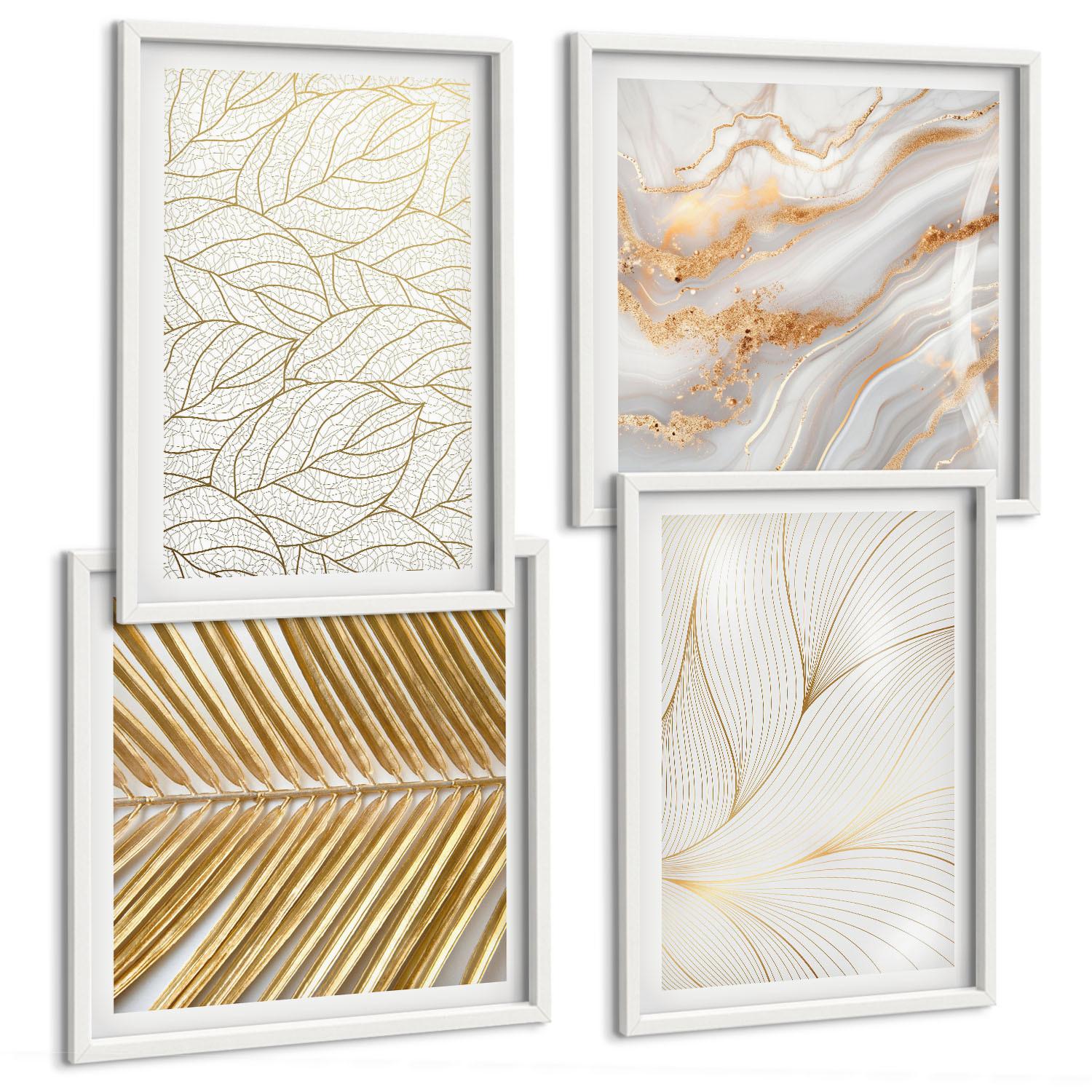 BILDER SET 4er Set - 50x50 cm & 40x60 cm Weißer Rahmen - Blattmuster Marmor abstrakt - Weiß, Kunststoff (50/50cm) - TULUP