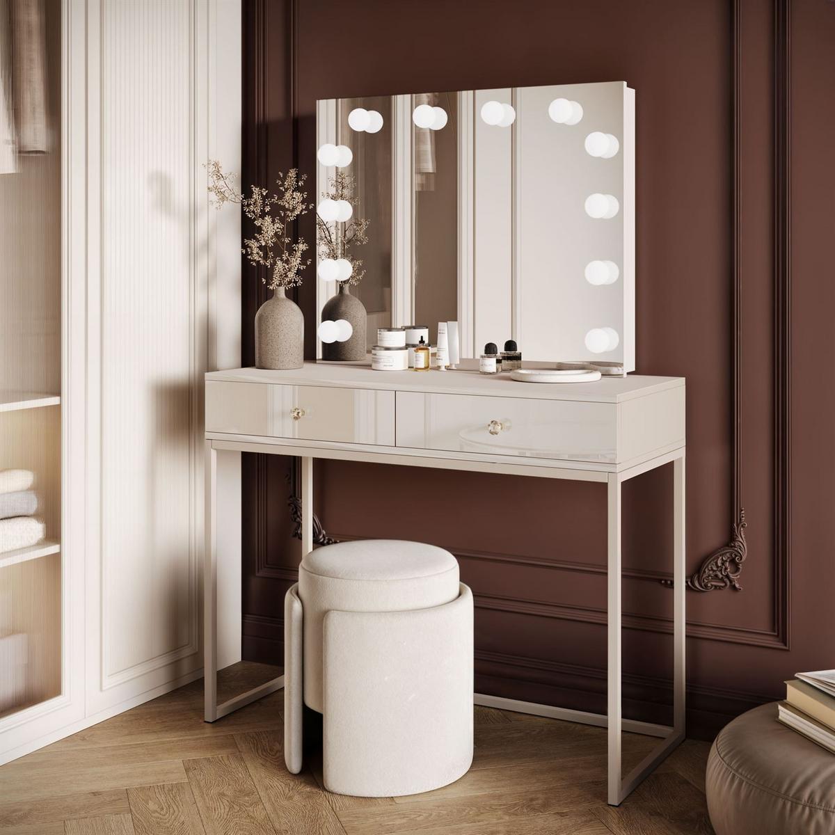 SCHMINKTISCH Blanco Kaschmir Elite mit Beleuchtung Kristallgriff - Kaschmir, Holzwerkstoff (100/81/42cm) - Lookway
