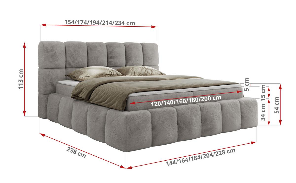 BOXBETT NIRA 180/200 - Hellgrau Plüsch - H3 - Hellgrau, Holz/Textil (180/200cm) - MKS