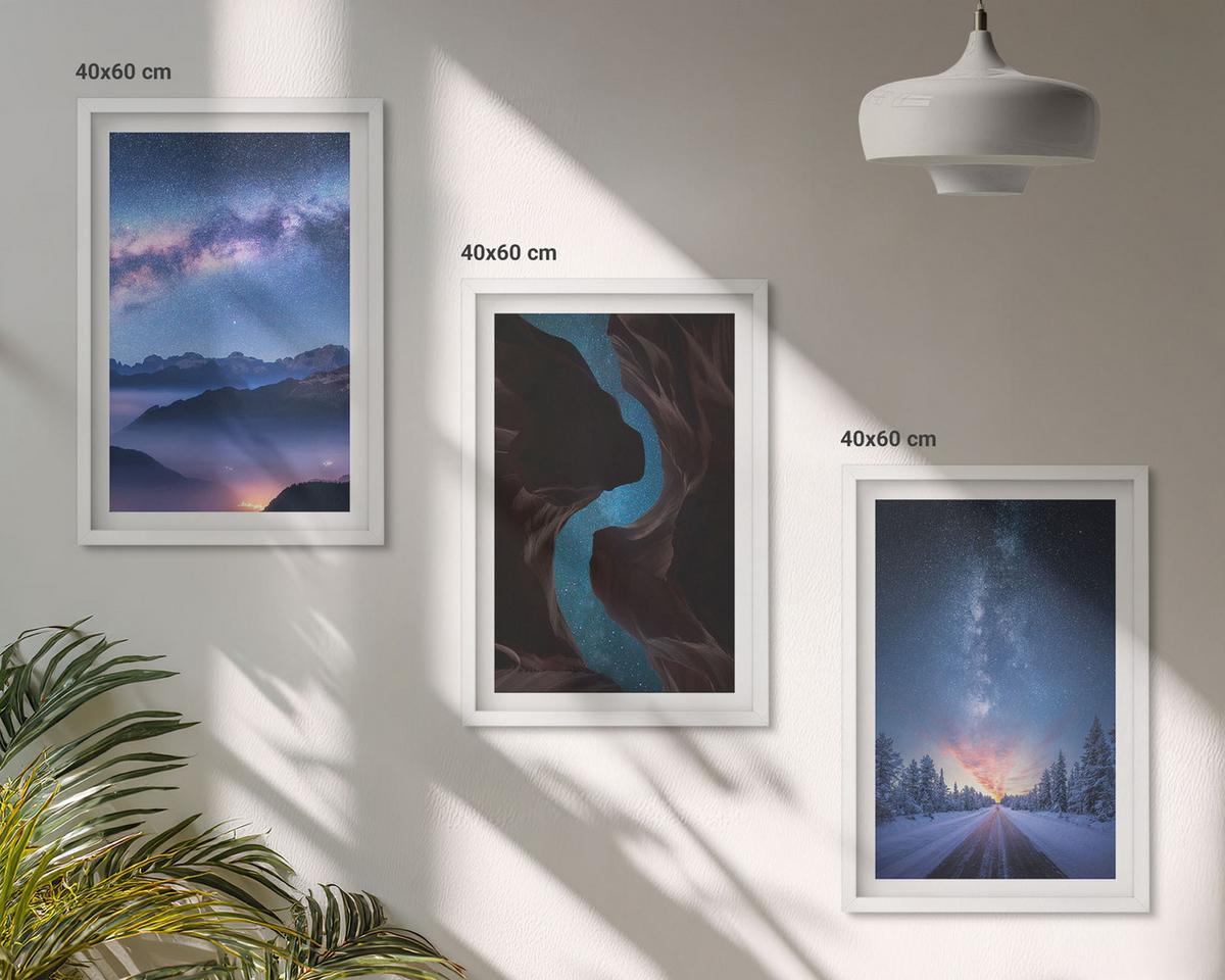 BILDER SET 3er Set - 40x60 cm Weißer Rahmen - Nachthimmel, Berge, Winterlandschaft - Weiß, Kunststoff (40/60cm) - TULUP