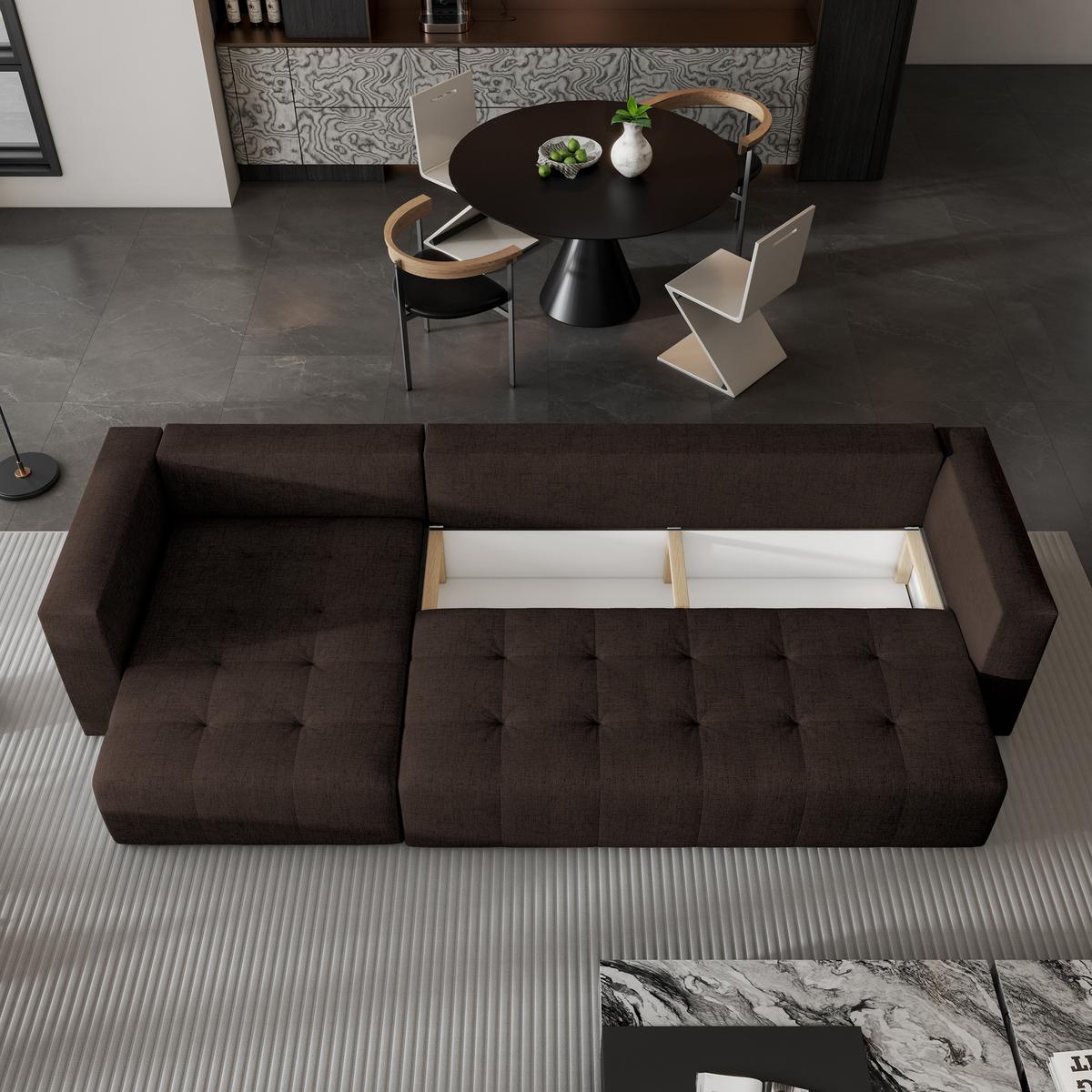 ECKSOFA OLVERA Braun Geflochtener Stoff mit Schlaffunktion - Braun, Holz (347/148cm) - MASSENO