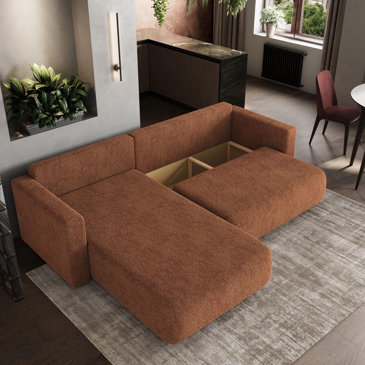 ECKSOFA TURIN N Orange Bucle-Stoff mit Schlaffunktion - Orange/Grau, Holz/Kunststoff (265/183cm) - MASSENO