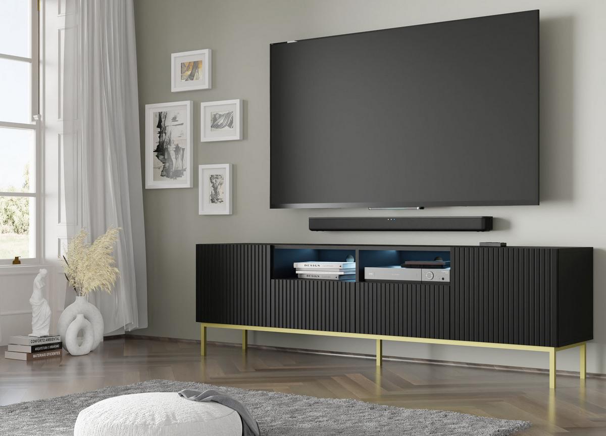 TV LOWBOARD Schwarz, Schwarz, Gold 200/58/42 - Schwarz, Holzwerkstoff (200/58/42cm) - RAUMHIRSCH FURNITURE