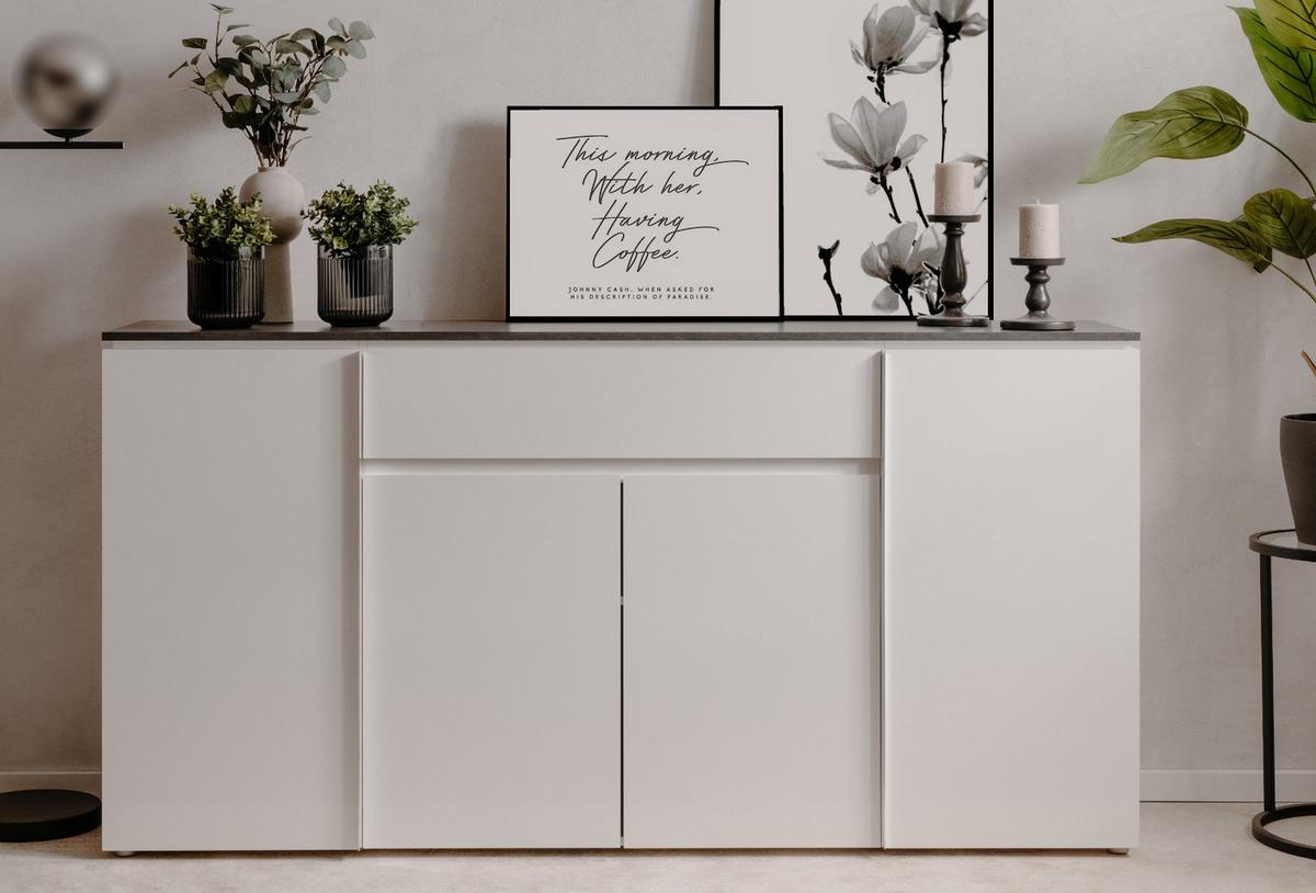 SIDEBOARD weiß Glanz, grau 178 cm, große Kommode mit 6 Fächern - Chromfarben/Silberfarben, Holzwerkstoff/Kunststoff (177.5/92/40cm) - Furn.Design