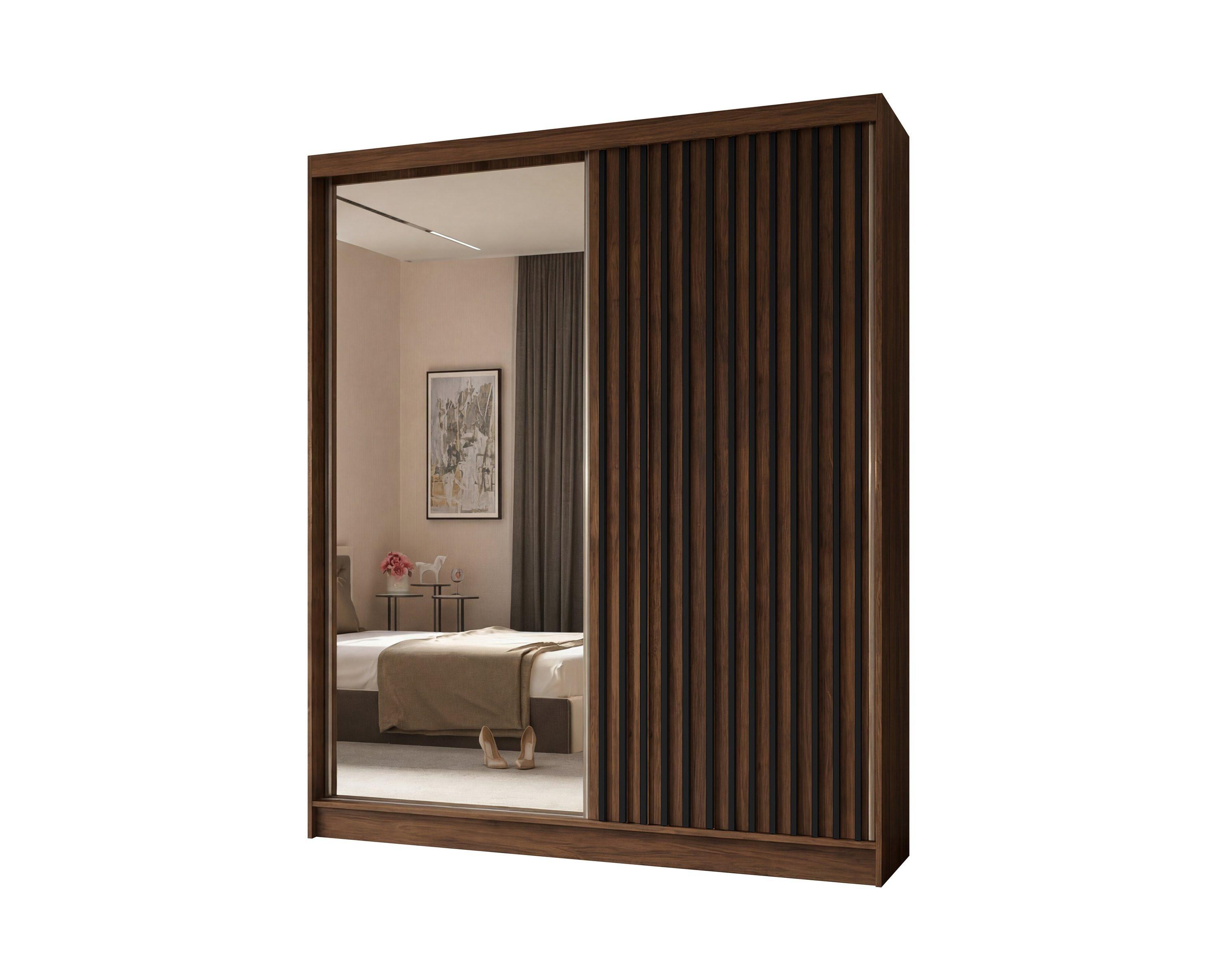 SCHWEBETÜRENSCHRANK LAMELLO 200/216/61 cm Modern Kleiderschrank 2-türig mit Spiegel Nussbaumfarben - Nussbaumfarben, Holzwerkstoff (200/216/61cm) - MASSENO